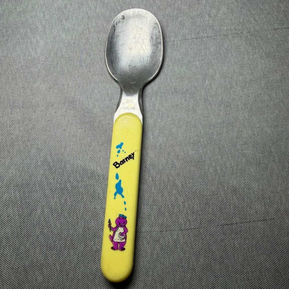 Vintage 1992 Barney the Dinosaur Spoon Selandia Stainless Yellow Child Flatware‎